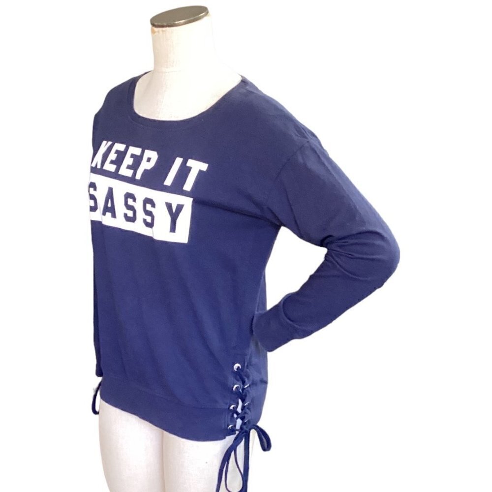 Fifth Sun Keep It Sassy Graphic Sweatshirt/Tee Side Lace-up L Navy Blue #143C - Picture 2 of 8